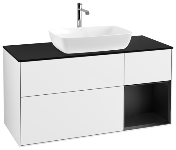 V&B Waschtisch-Unterschrank Wandbeleuchtung Finion 120cm, Abdeckplatte black matt, Regal Black matt lacquer, Glossy white lacquer