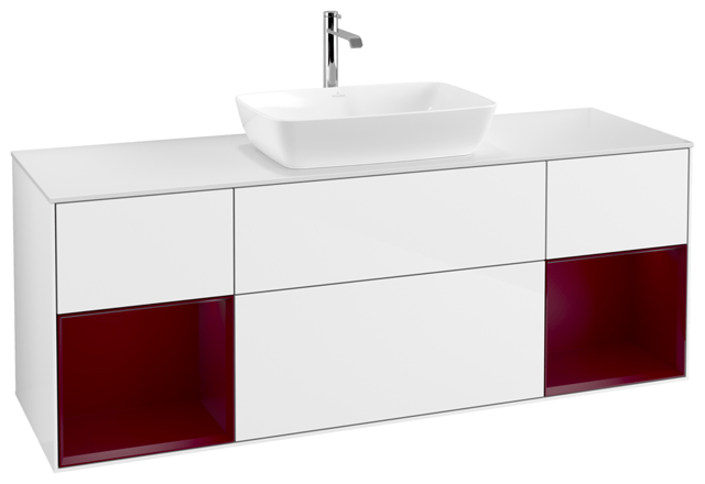 V&B Waschtisch-Unterschrank Wandbeleuchtung Finion 160cm, Abdeckplatte white matt, Regal Peony matt lacquer, Glossy white lacquer