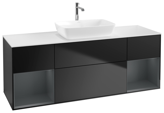 V&B Waschtisch-Unterschrank Wandbeleuchtung Finion 160cm, Abdeckplatte white matt, Regal Midnight matt lacquer, Black matt lacquer