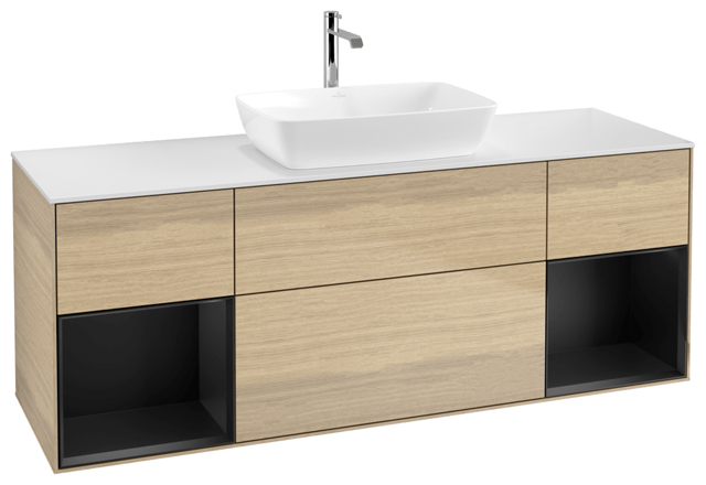 V&B Waschtisch-Unterschrank Wandbeleuchtung Finion 160cm, Abdeckplatte white matt, Regal Black matt lacquer, Oak Veneer