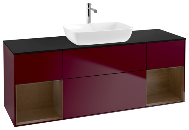 V&B Waschtisch-Unterschrank Wandbeleuchtung Finion 160cm, Abdeckplatte black matt, Regal Walnut Veneer, Peony Matt