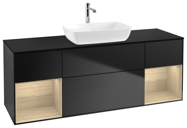 V&B Waschtisch-Unterschrank Wandbeleuchtung Finion 160cm, Abdeckplatte black matt, Regal Oak Veneer, Black matt lacquer