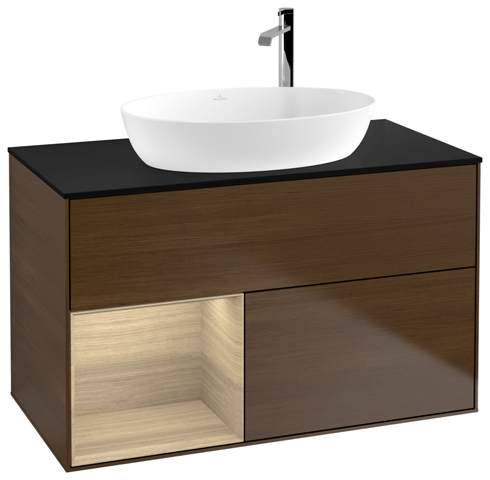 V&B Waschtisch-Unterschrank Wandbeleuchtung Finion 100cm, Abdeckplatte black matt, Regal Oak Veneer, Walnut veneer