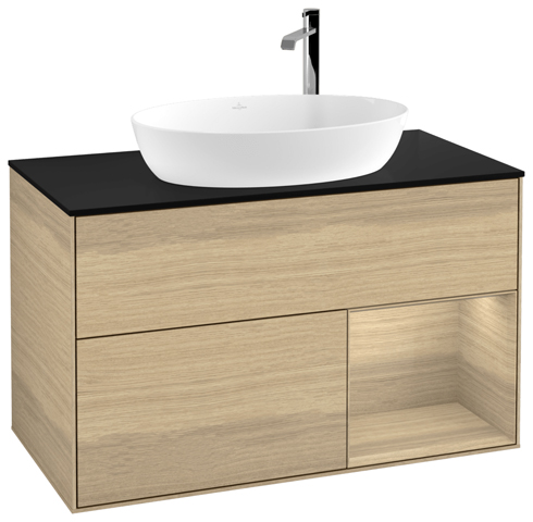 V&B Waschtisch-Unterschrank Wandbeleuchtung Finion 100cm, Abdeckplatte black matt, Regal Oak Veneer, Oak Veneer