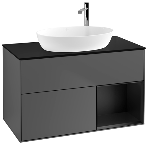 V&B Waschtisch-Unterschrank Wandbeleuchtung Finion 100cm, Abdeckplatte black matt, Regal Black matt lacquer, Anthracite matt